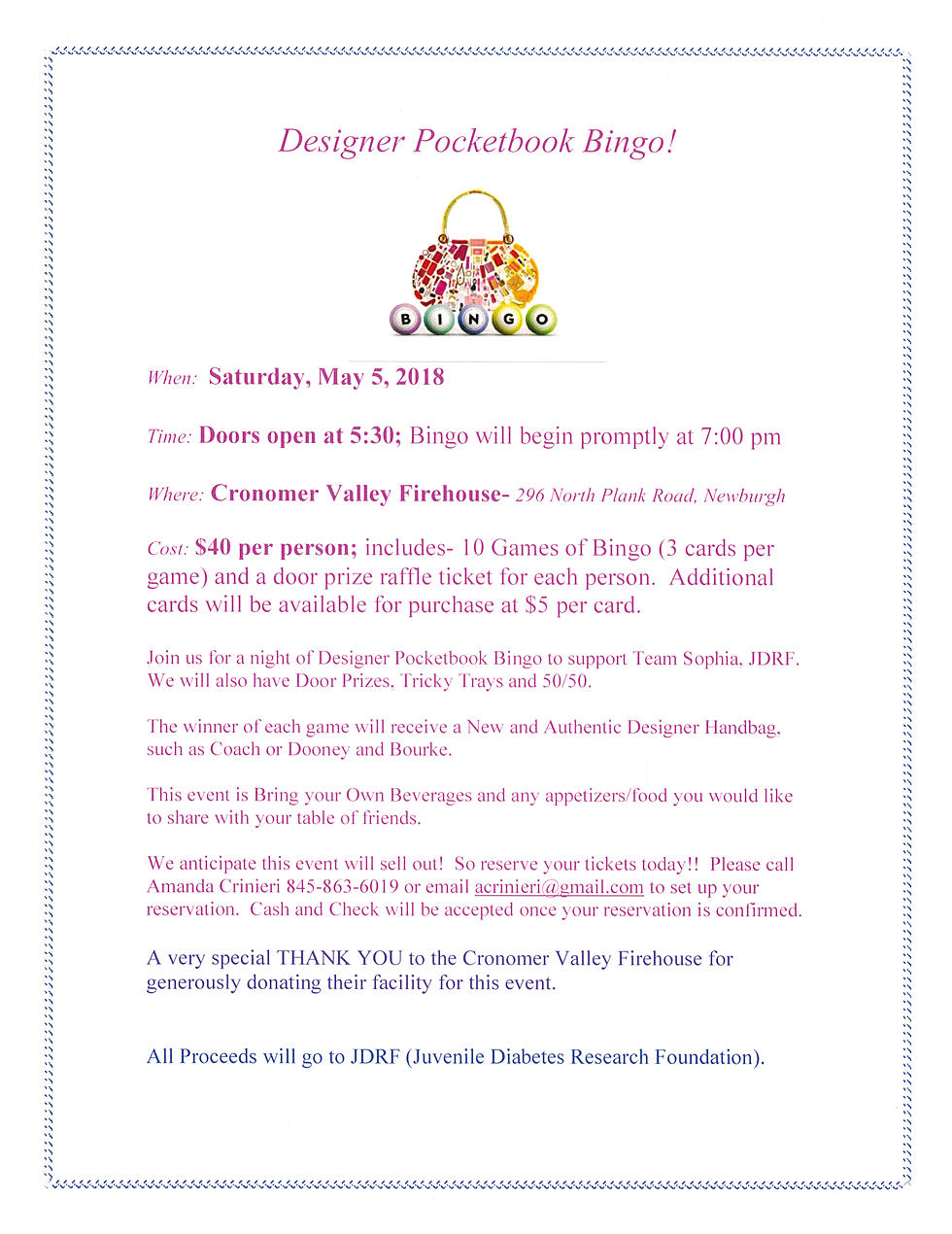 NEWBURGH &#8211; JDRF Pocketbook Bingo Fundraiser